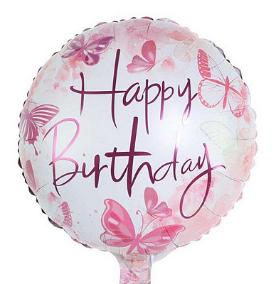 Balão Metalizado Redondo Happy Birthday Borboletas Rosas 18 Polegadas