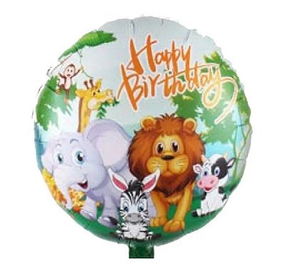 Balão Metalizado Redondo Estampado Safari Happy Birthday 43x43cm 17 Polegadas