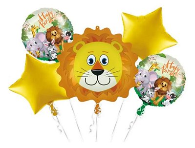 Kit Balões Metalizados Festa Safari Leão com 5 Unidades Sortidas