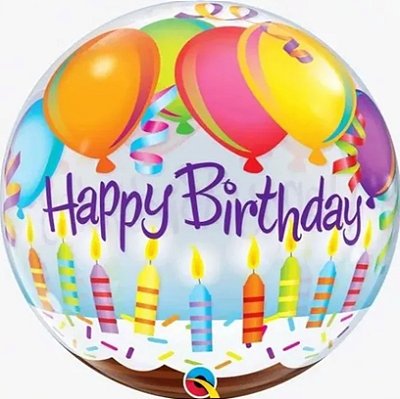 Balão Bubble Qualatex 22 Polegadas Happy Birthday Balões e Velas com 1 Unidade