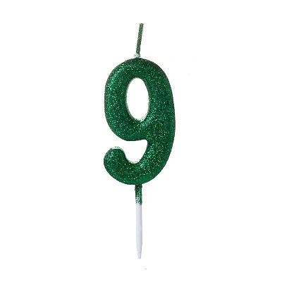 Vela de Aniversário Número Glitter Verde Pequena 9 - Silver