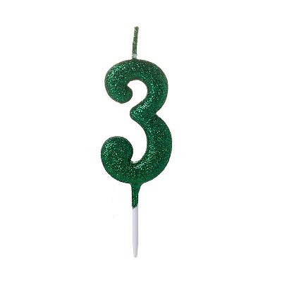 Vela de Aniversário Número Glitter Verde Pequena 3 - Silver