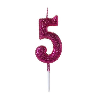 Vela de Aniversário Número Glitter Pink Pequena 5 - Silver