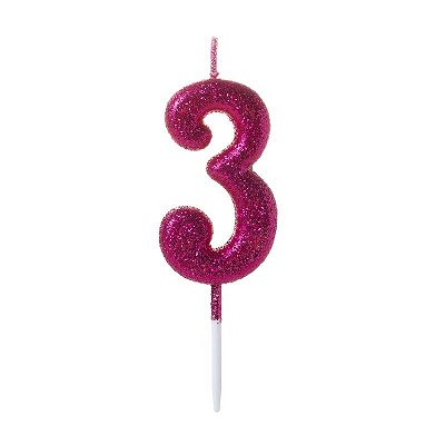 Vela de Aniversário Número Glitter Pink Pequena 3 - Silver