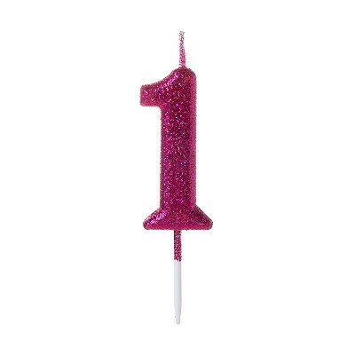 Vela de Aniversário Número Glitter Pink Pequena 1 - Silver