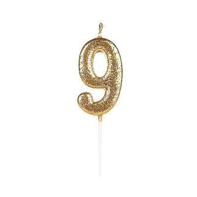 Vela de Aniversário Número Glitter Dourada Pequena 9 - Silver