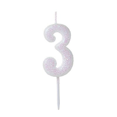 Vela de Aniversário Número Glitter Branco Pequena 3 - Silver