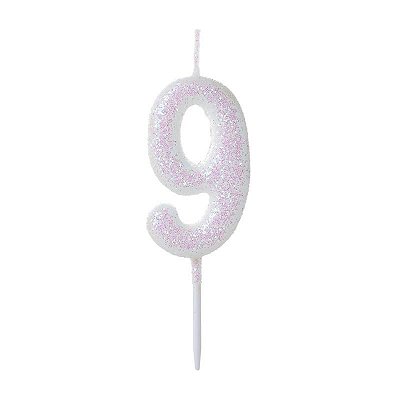 Vela de Aniversário Número Glitter Branco Pequena 9 - Silver
