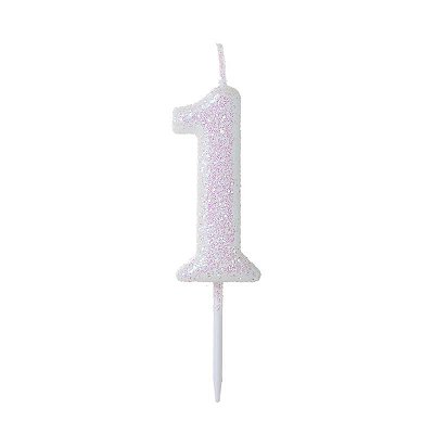 Vela de Aniversário Número Glitter Branco Pequena 1 - Silver
