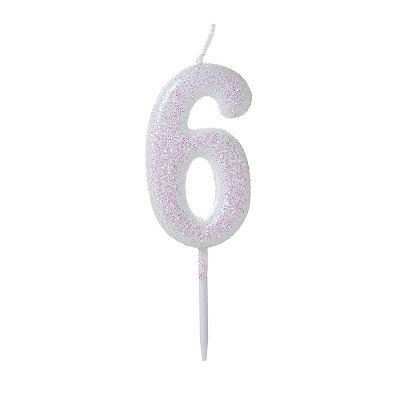 Vela de Aniversário Número Glitter Branco Pequena 6 - Silver