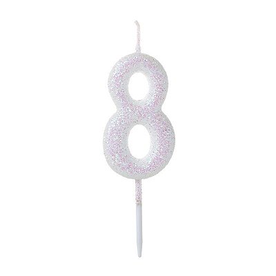 Vela de Aniversário Número Glitter Branco Pequena 8 - Silver