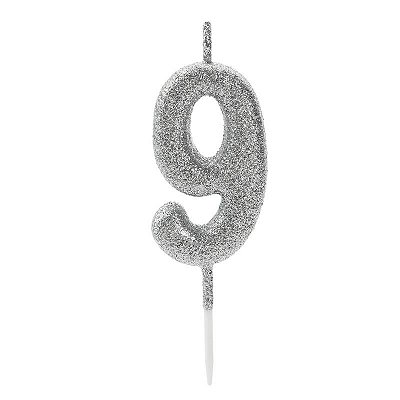 Vela de Aniversário Número 9 Glitter Prata Pequena - Silver
