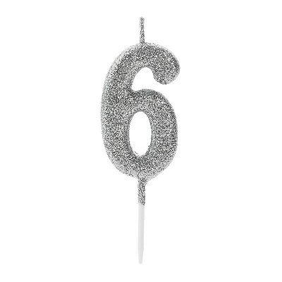 Vela de Aniversário Número 6 Glitter Prata Pequena - Silver