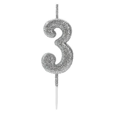 Vela de Aniversário Número 3 Glitter Prata Pequena - Silver