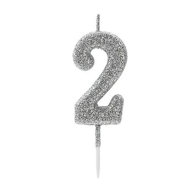 Vela de Aniversário Número 2 Glitter Prata Pequena - Silver
