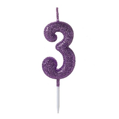Vela de Aniversário Número 3 Glitter Roxo Pequena - Silver