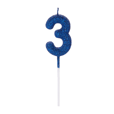 Vela de Aniversário Número 3 Glitter Azul Escuro no Palito - Silver