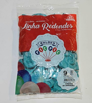 Balão de Látex Liso Redondo 9 Polegadas Azul Turquesa com 50 Unidades - PICPIC