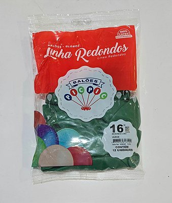 Balão de Látex Liso Redondo 16 Polegadas Verde com 12 Unidades - PICPIC