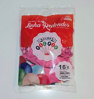 Balão de Látex Liso Redondo 16 Polegadas Rosa Forte com 12 Unidades - PICPIC