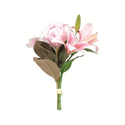 Ramalhete Flores Lírios, Camélias e Hortênsias Rosa 39cm 5 Hastes Toque Real - Ref 1093511 Cromus