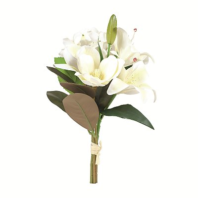 Ramalhete Flores Lírios, Camélias e Hortênsias Branco 39cm 5 Hastes Toque Real - Ref 1093512 Cromus