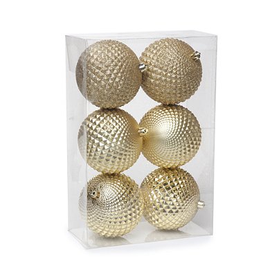 Bolas de Natal Dourado Gomos Sortidos Brilho, Fosco e Glitter 8cm com 6Un - Ref 1712655 Cromus