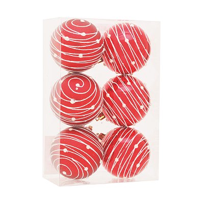 Bolas de Natal Vermelha com Listras Brancas e Perolas 8cm com 6un - Ref 1921243 Cromus