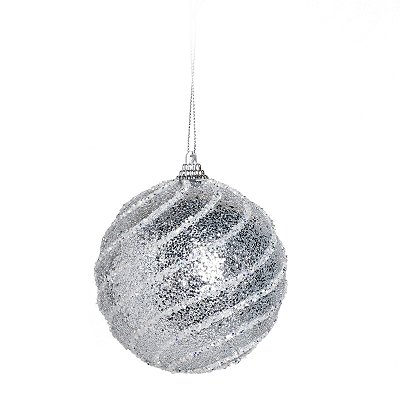 Bolas de Natal Glitter Prata com Listras Brancas 10cm com 4Un - Ref 1923591 Cromus