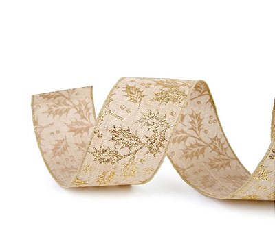 Fita Aramada de Linho Cru com Folhas Azevinho Glitter Dourado 6,3x914cm - Ref 1030805 Cromus