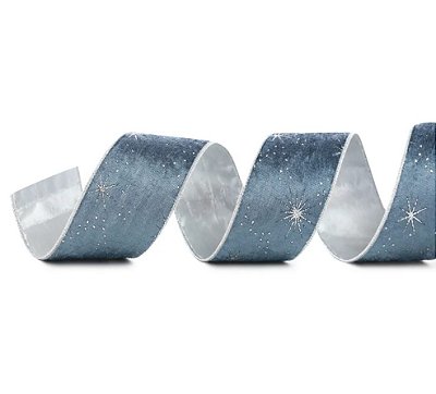 Fita Aramada de Veludo Azul com Estrelas Glitter Dupla Face Prata 6,3cmx4,57m - Ref 1068791 Cromus