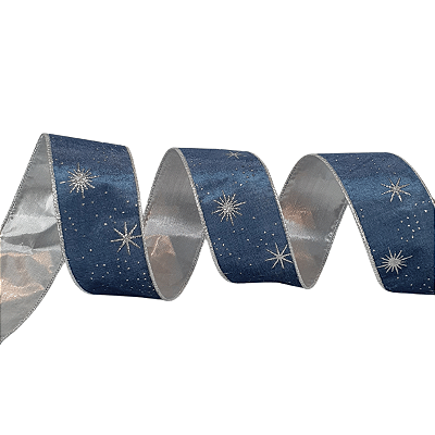 Fita Aramada de Veludo Azul com Estrelas Glitter Dupla Face Prata 6,3cmx4,57m - Ref 1068791 Cromus