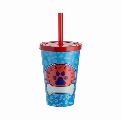 Copo com Tampa e Canudo 350ML Canino Azul e Vermelho - Neoplas