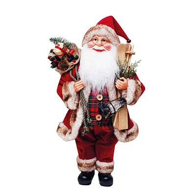 Papai Noel em Pé com Roupa Colete Xadrez, Segurando Sky e Saco de Presentes 45cm - Ref 1921976 Cromus