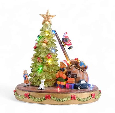 Cenário de Natal Árvore com Noel na Escada 23cm com Luz e Movimento - Ref 1039074 Cromus