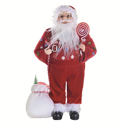 Boneco Papai Noel em Pé com Blusa de Trico Poá, Segurando Pirulito 45cm - Ref 1113459 Cromus