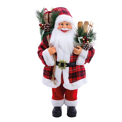 Boneco Papai Noel em Pé com Roupa Xadrez Segurando Esqui e Saco de Presente 60cm - Ref 1113880 Cromus
