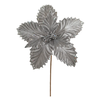 Flor de Natal Poisentia de Veludo Prata com Borda Glitter 29cm - Ref 1087962 Cromus
