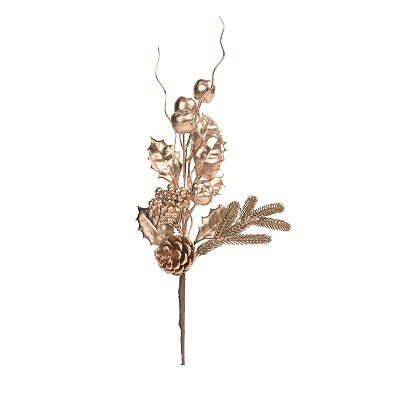 Galho de Natal Berry Dourado Metalizado com Folhas e Pinha 33cm - Ref 1091216 Cromus