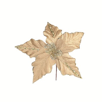 Flor de Natal Poisentia de Veludo Ouro com Borda Glitter 26cm - Ref 1090783 Cromus