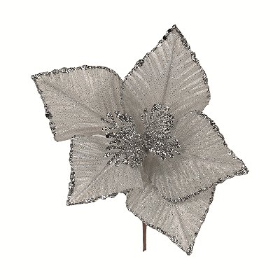 Flor de Natal Poisentia Prata com Borda de Glitter 22cm - Ref 1090724 Cromus