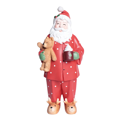 Papai Noel de Resina com Pijama Vermelho de Bolinhas, Urso e Pantufa 32cm - Ref 3118741 Cromus