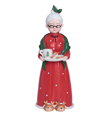 Mamãe Noel de Resina Usando Pijama Segurando Bandeja de Chá 31cm - Ref 3118740 Cromus