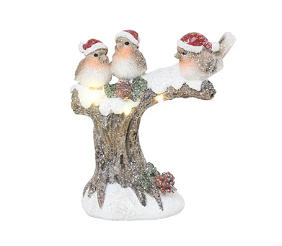 Tronco de Resina com Passarinhos Usando Gorro Noel e Led 19cm - Ref 3108457 Cromus