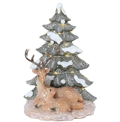 Rena de Resina Deitada Com Filhote e Pinheiro de Led 19cm - Ref 3108452 Cromus