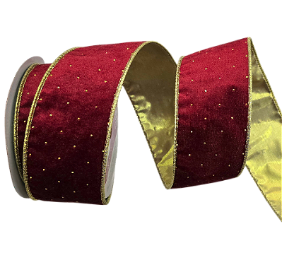 Fita Aramada Dupla Face de Veludo Vermelho com Poá Dourado Verso Metal Dourado 6,3cmx4,57m - Ref 1068771 Cromus
