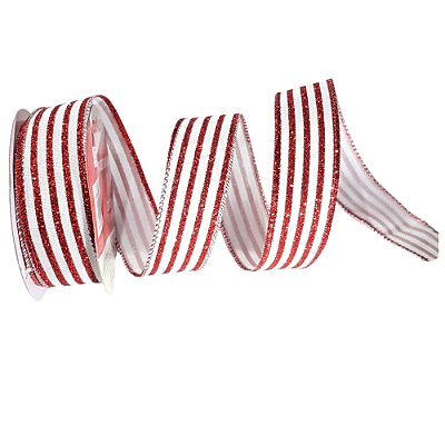 Fita Aramada de Natal listras de Glitter Vermelho e Branco 3,8cmx9,14m- Ref 1073641 Cromus
