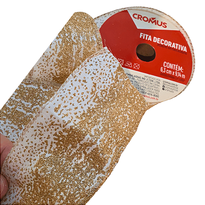Fita Aramada de Natal Branco Trabalhada Glitter Ouro 6,3cmx9,14m - Ref 1073575 Cromus