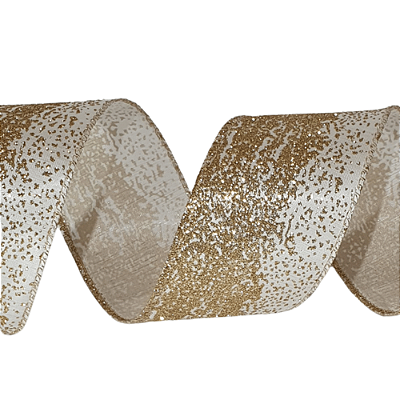 Fita Aramada de Natal Branco Trabalhada Glitter Ouro 6,3cmx9,14m - Ref 1073575 Cromus