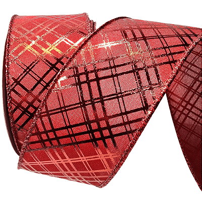 Fita Aramada de Linho com Estampa Xadrez Metalizado Vermelho 6,3x914cm - Ref 1054495 Cromus